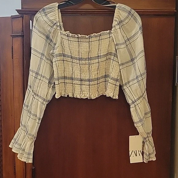 Zara | Plaid Long Sleeve Crop Top with Smocking At Chest 100% Cotton - M - Picture 2 of 10